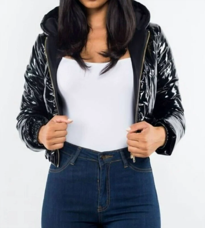 female tweed bombers-Glossy Crop Jacket In Black