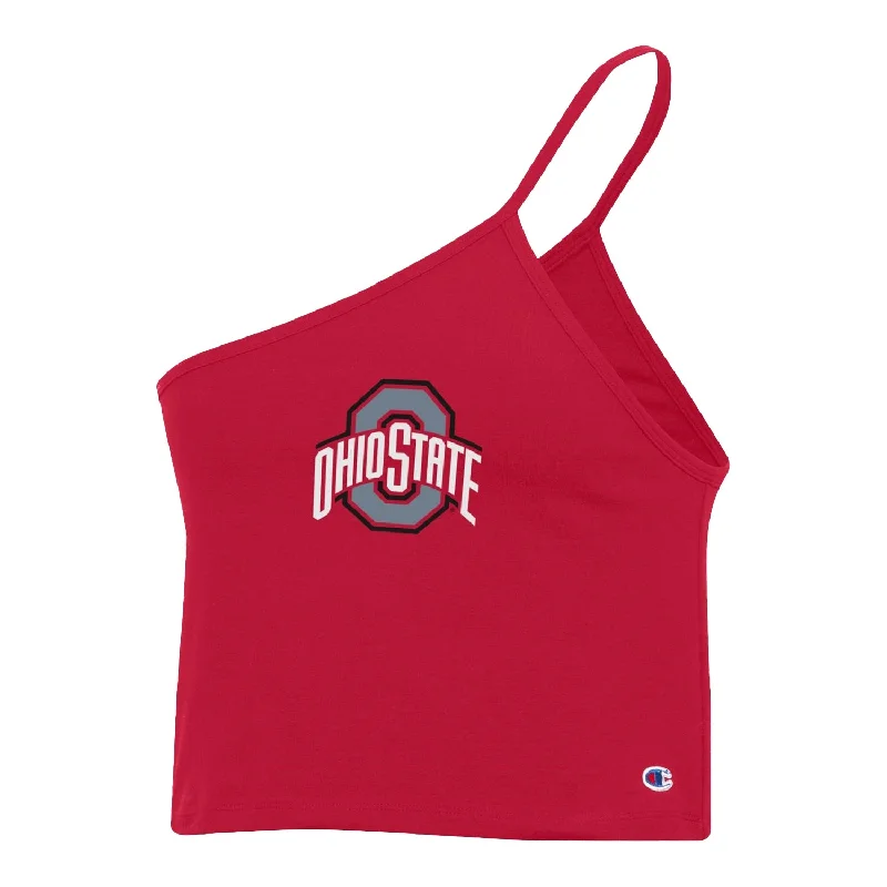 women’s wide chinos-Ladies Ohio State Buckeyes Scarlet Cropped Asymmetrical Cami