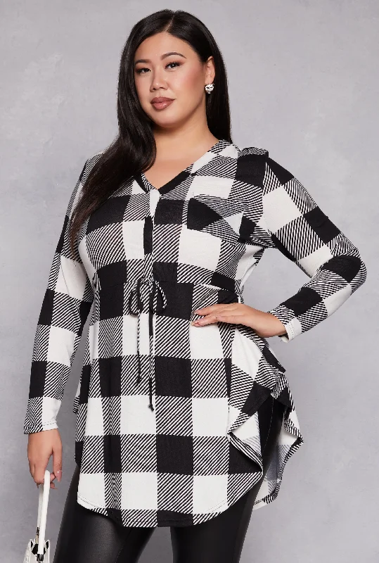 women’s balloon-sleeve pullovers-Plus Size Plaid V Neck Tunic Top