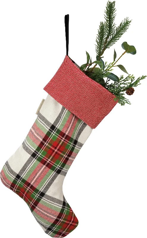 swoosh socks with skiing-Cream Plaid Christmas Stocking