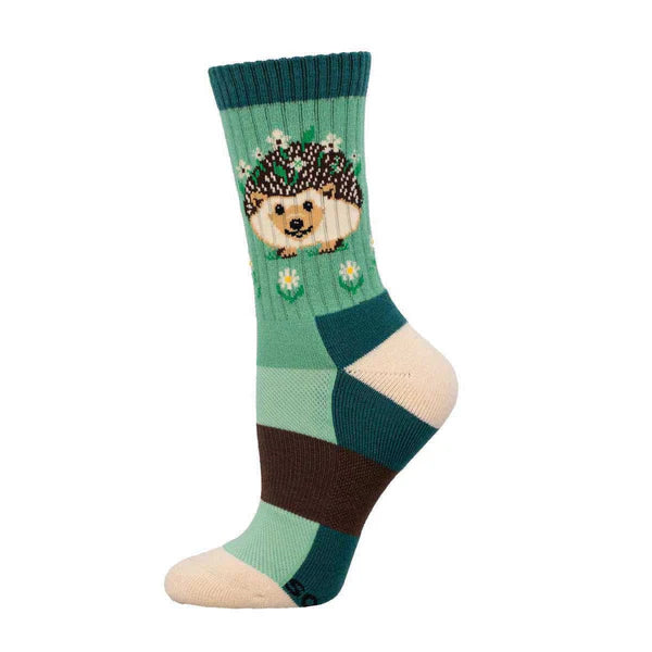 zany socks with wild designs-Flowery Hedgehog Merino Wool Crew