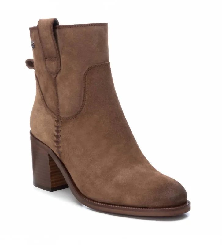 women's velvety casual heels-Women's Suede Block Heel Booties In Taupe