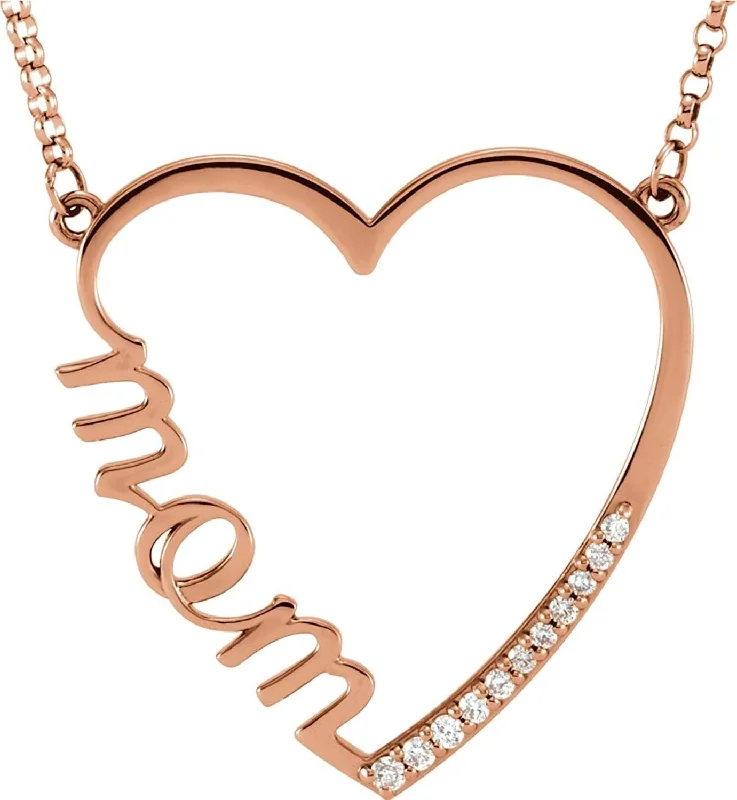 custom red garnet choker pendants-11-Stone Diamond 'Mom' Heart 14k Rose Gold Pendant Necklace, 16" (0.1 Cttw)