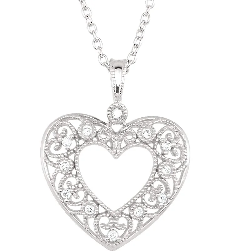 minimalist nickel bracelets-12-Stone Diamond Heart Filigree Pendant Necklace, Sterling Silver, 18" (1/10 Ctw)