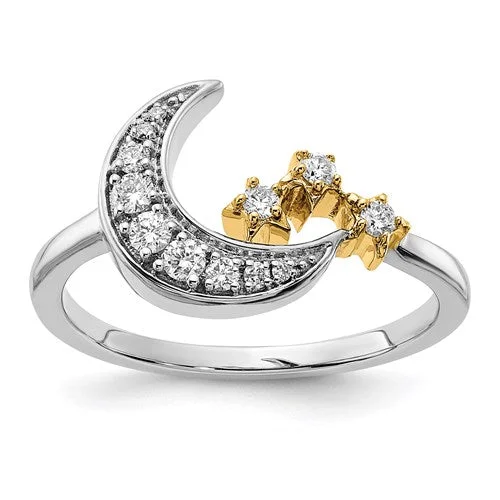 gold curved choker earrings-14k White and Yellow Gold Moon with Stars Diamond Ring