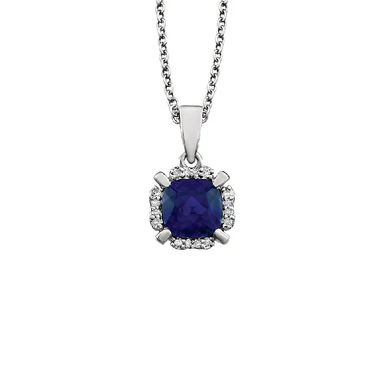 silver arch stud chokers-Cushion Created Sapphire & Diamond Necklace in 14k White Gold, 18 Inch