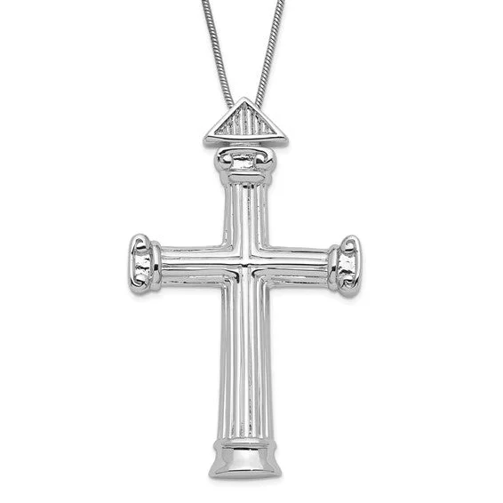 silver blue kyanite studs-Rhodium Plated Sterling Silver Strength Pillar Cross Necklace, 18 Inch