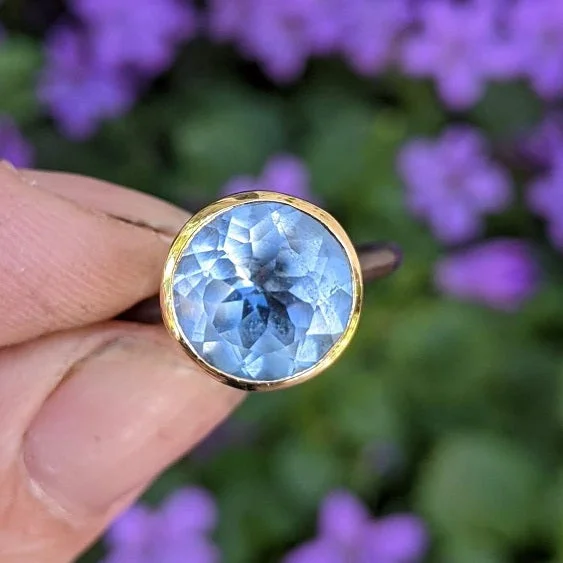 initial gold curved necklaces-10mm Blue Topaz 18kt Gold Cup and Oxidized Silver Ring