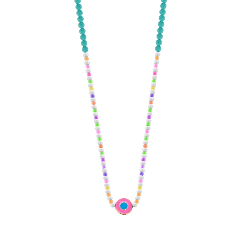 rainbow blue zircon bracelets-Enameled Neon Pink Evil Eye Disk on Beaded Necklace