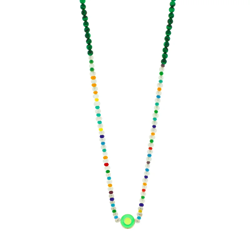 pearl scalloped drop chokers-Enameled Neon Green Evil Eye Disk on Beaded Necklace