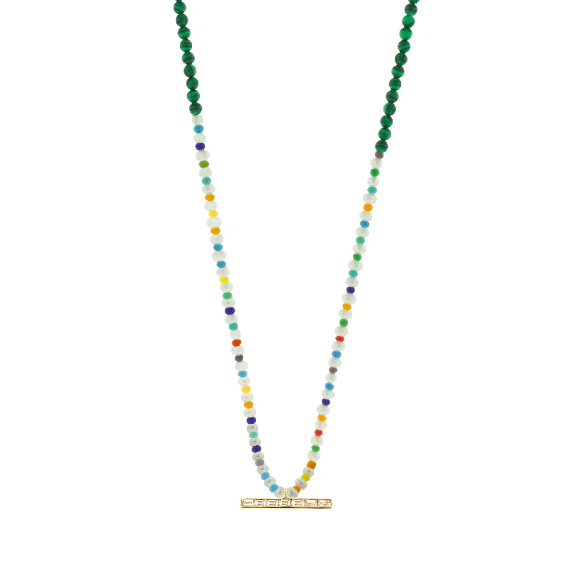 luxury blue chalcedony choker pendants-TLC Diamond Baguette ID Bar on Pearl Malachite Beaded Necklace