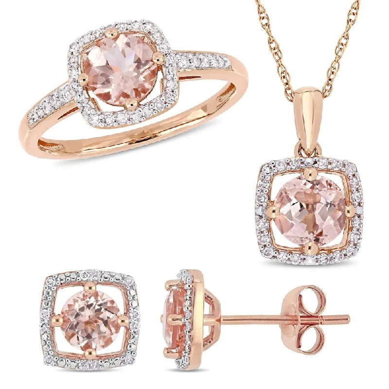 vintage bronze petal drop earrings-Miadora 10k Rose Gold Morganite and 1/3ct TDW Diamond Floating Halo Jewelry Set