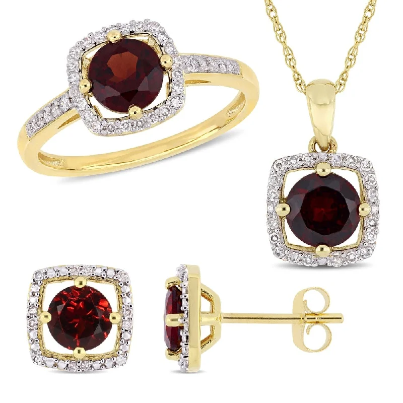 silver curved stud pendants-Miadora 10k Yellow Gold Garnet and 1/3ct TDW Diamond Floating Halo Jewelry Set