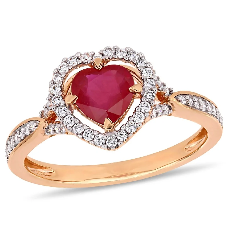 geometric blue chalcedony bracelets-Miadora 14k Rose Gold Ruby and 1/4ct TDW Diamond Heart Halo Crossover Ring