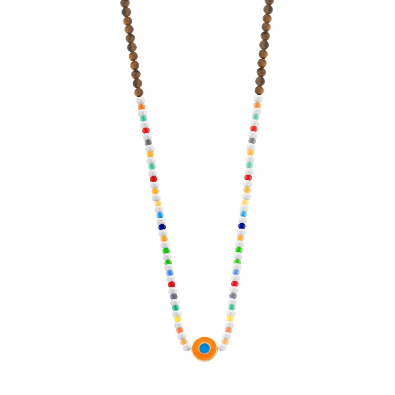 luxury blue zircon choker necklaces-Enameled Neon Orange Evil Eye Disk on Beaded Necklace