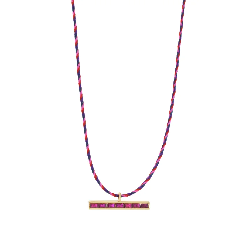 initial gold curved necklaces-Ruby Baguette ID Bar on Cord Necklace