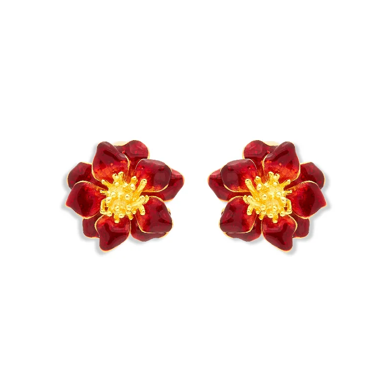 gold starburst stud chokers-Red Enamel Flower Clip Earring