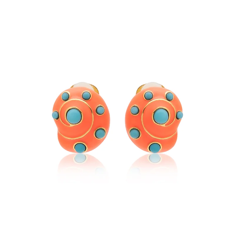 diamond scalloped stud earrings-Coral & Turquoise Snail Clip On Earrings