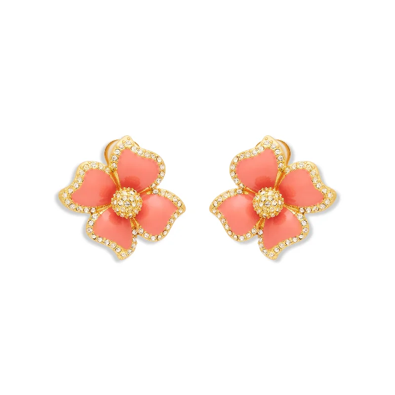 diamond oval drop rings-Pink Enamel Flower Clip Earrings