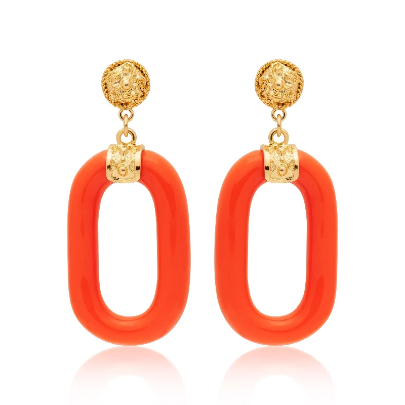 gold curved stud earrings-Polished Gold & Coral Resin Drop Earrings