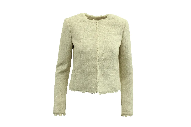 women’s hybrid vests-Alice + Olivia Tweed Jacket with Frayed Trim in Ivory Cotton