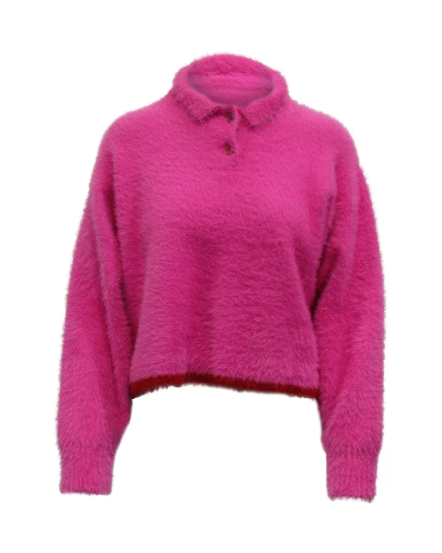 women’s faded-wash jeans-Jacquemus Le Polo Neve Textured Jumper in Pink Polyamide