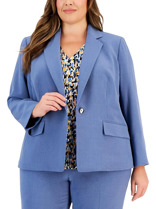 ladies flutter-sleeve blouses-Plus Womens Solid Crepe One-Button Blazer