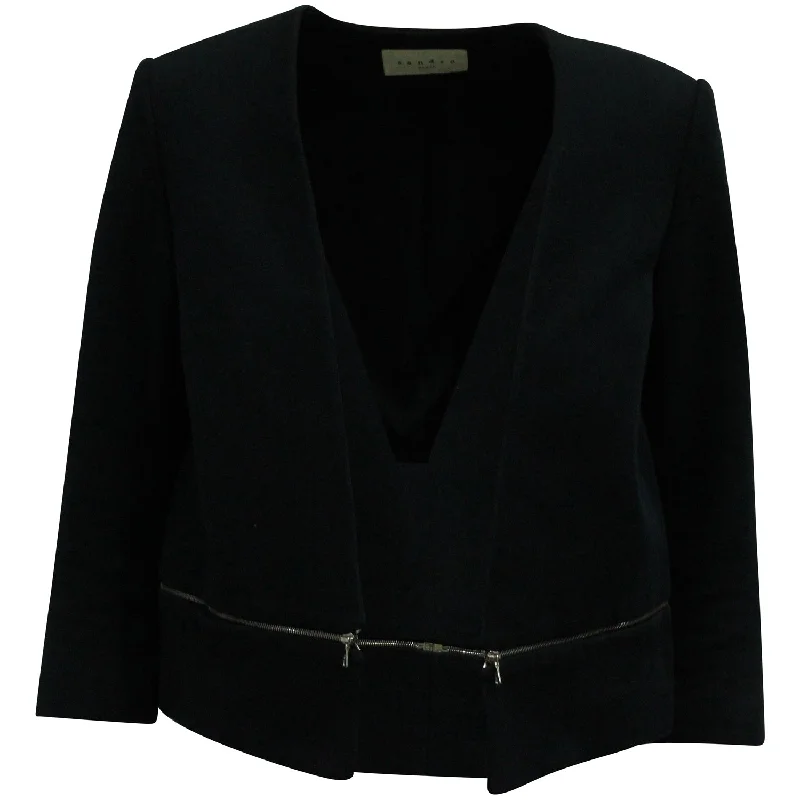 ladies stylish jumpsuits-Sandro Paris Elbow-length Sleeves Zipper-trim Jacket in Black Wool