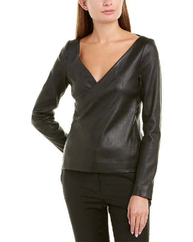 women’s cozy sweaters-Theory Fitted Leather Wrap Jacket