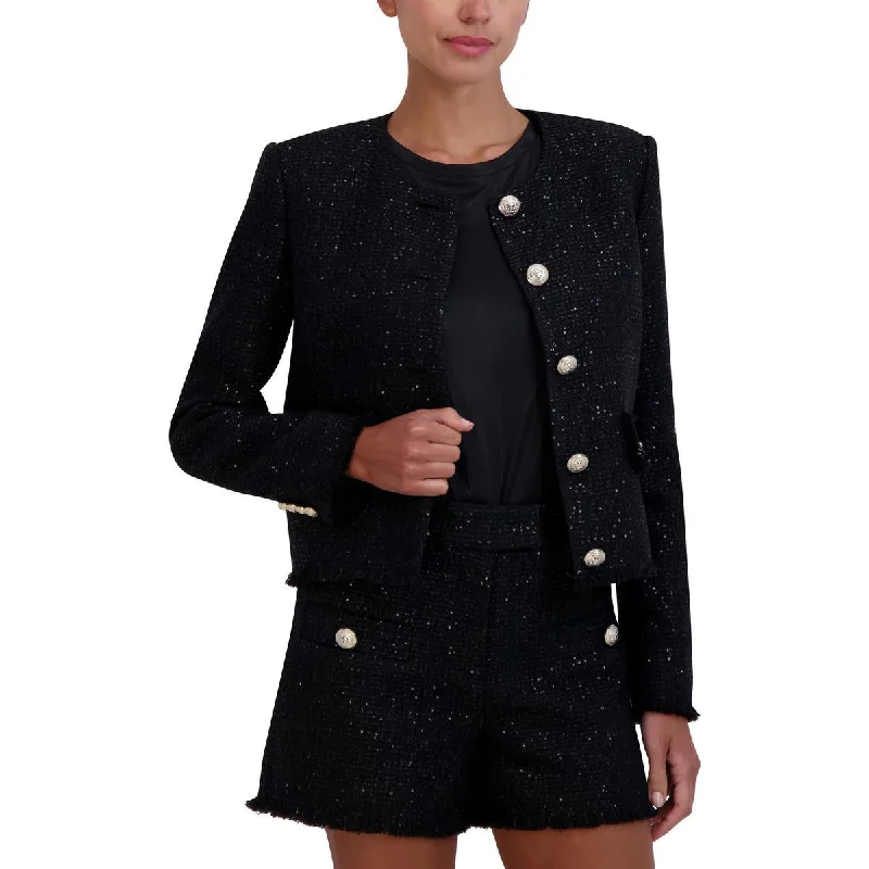 women’s fuzzy pullovers-Womens Tweed Sequined Collarless Blazer