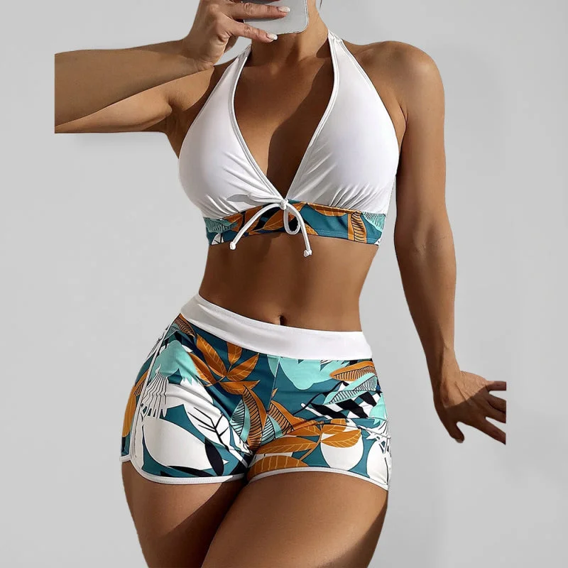 ladies raffia sandals-Swimsuit Women's Split High Waist Boxer Ties Printed Solid Color Stitching Bikini