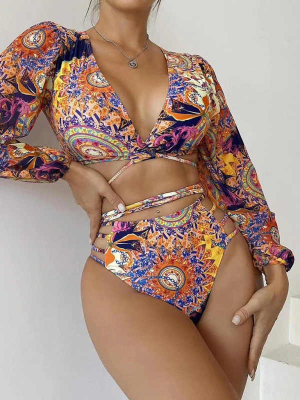 women’s tie-dye blouses-Women's Ethnic Printed Mesh Long Sleeve Bikini Set