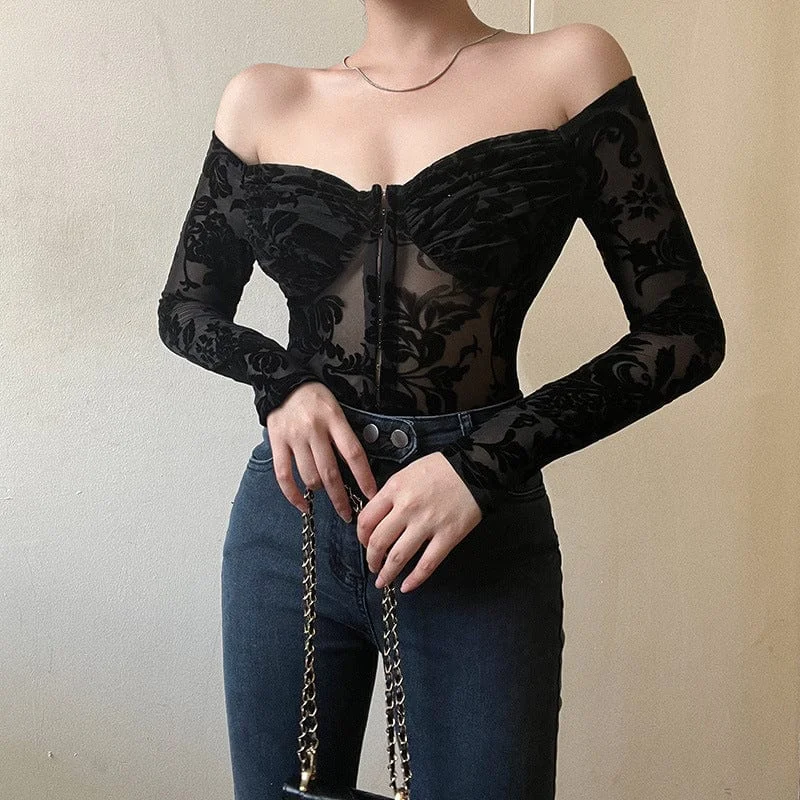 women’s smocked tanks-Women's Gothic Off Shoulder Flocking Lace Bodysuit