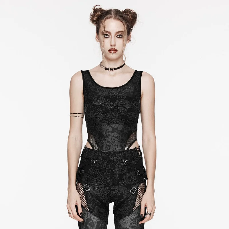 female satin-overlay blouses-Women's Punk Rose Mesh Bodysuit Black