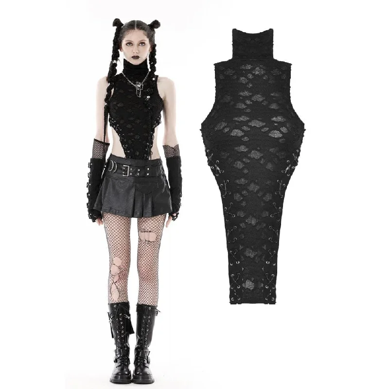 female cinched midi dresses-Women's Punk Turtleneck Strappy Ripped Top