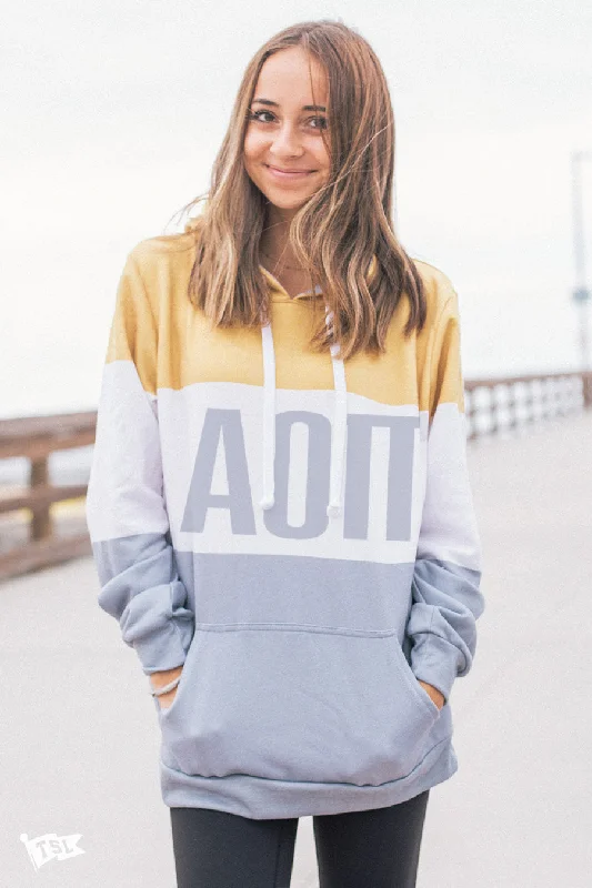 female brocade-overlay tops-Alpha Omicron Pi Colorblock Hoodie