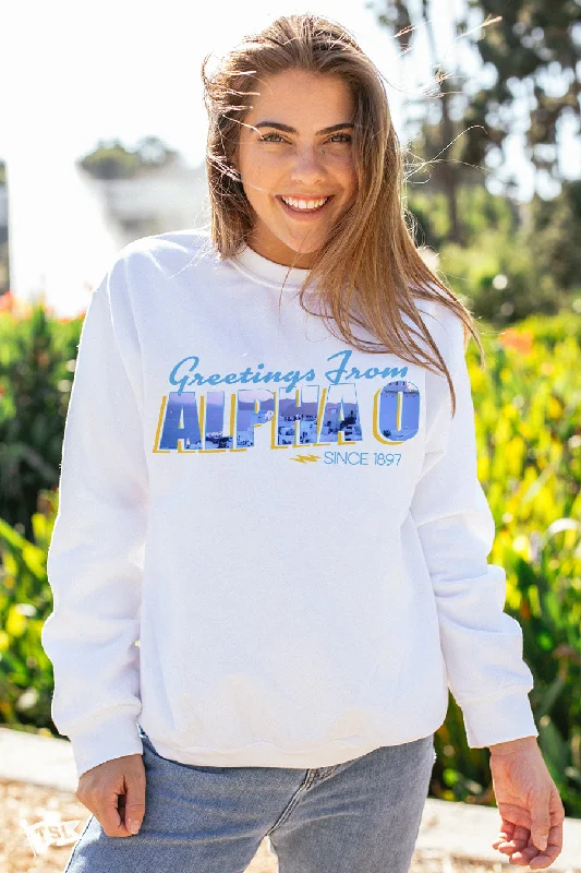 women’s faded-wash jeans-Alpha Omicron Pi Postcard Crewneck