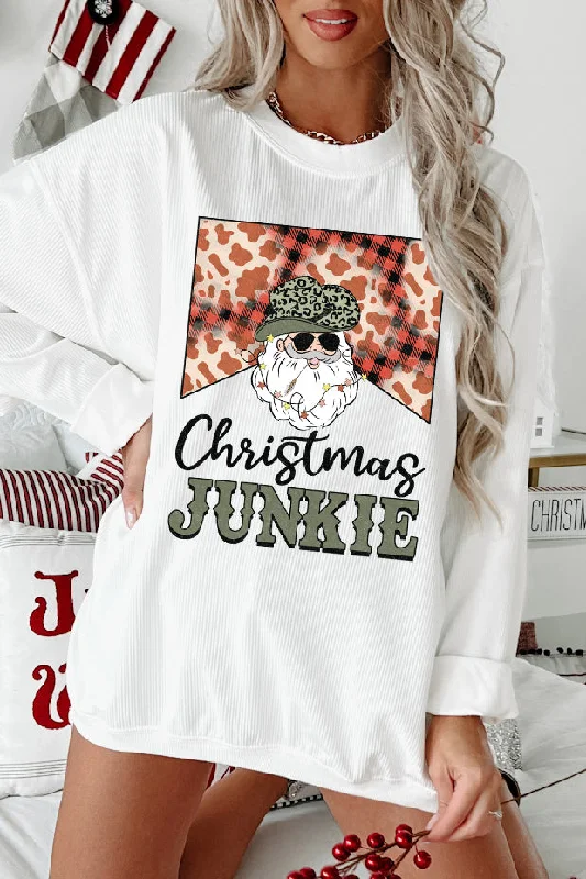 women’s tie-waist tops-"Christmas Junkie" Corded Graphic Crewneck (White) - Print On Demand