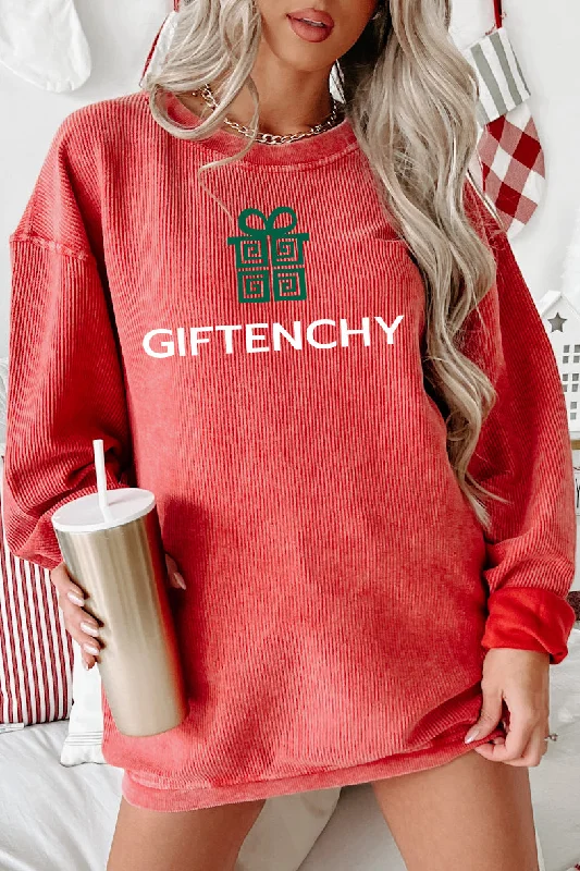 women’s relaxed chinos-"GIFTENCHY" Parody Graphic Corded Crewneck (Red) - Print On Demand