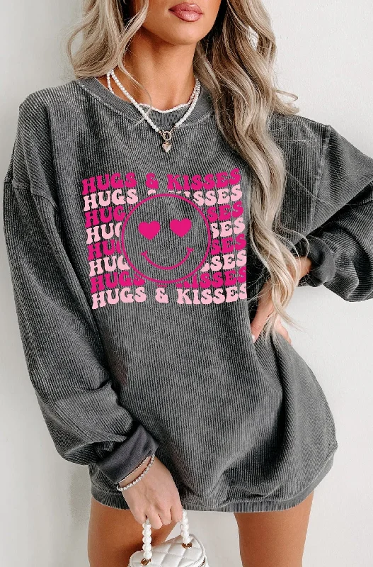 ladies woven sandals-"Hugs & Kisses" Corded Graphic Crewneck (Charcoal) - Print On Demand