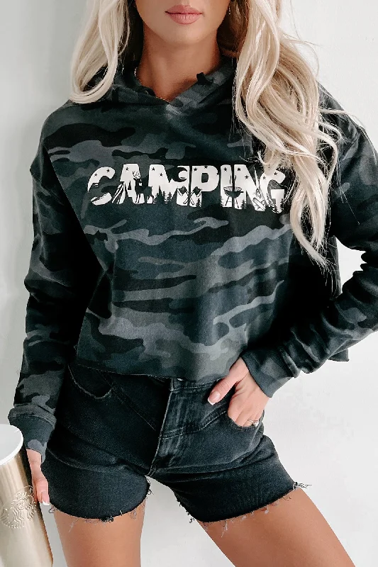 women’s checkered tops-Let's Camp Cropped Graphic Hoodie (Black Camo) - Print On Demand