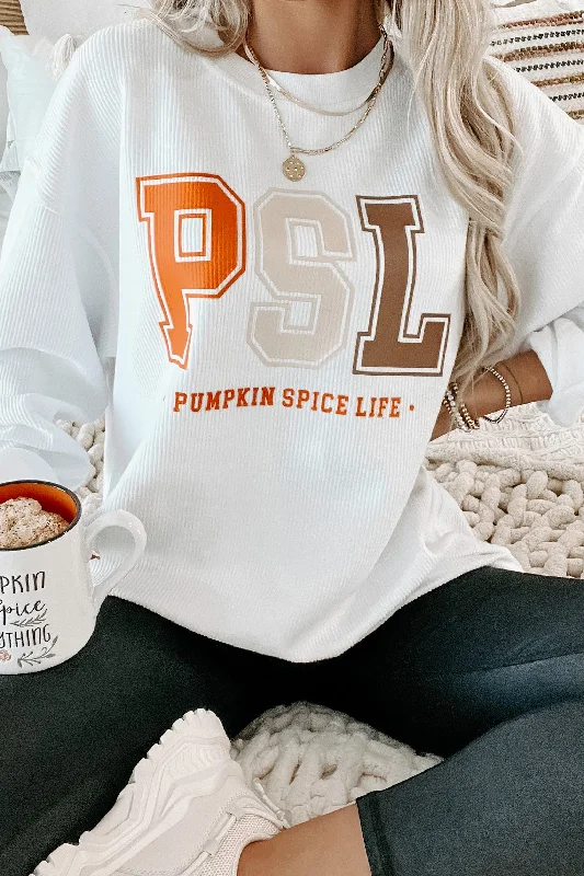 female tweed jackets-Livin' That PSL Life Corded Graphic Crewneck (White) - Print On Demand