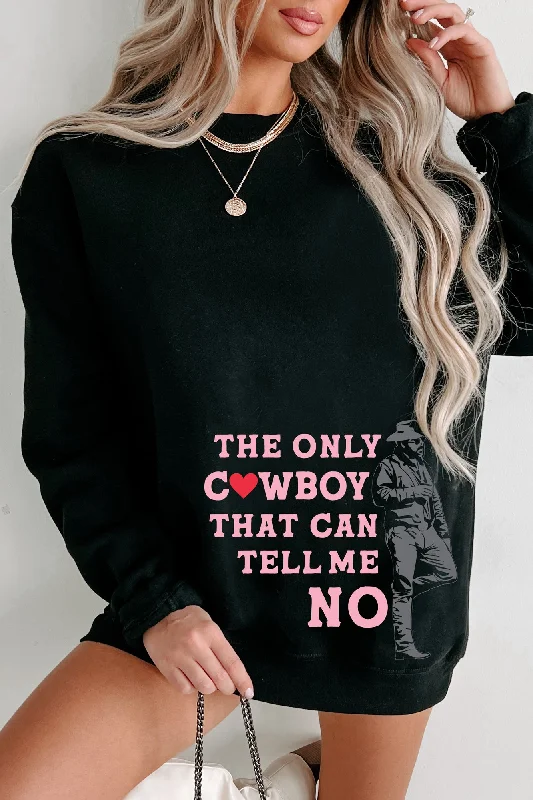 women’s flared joggers-"Only Cowboy That Can Tell Me No" Graphic Crewneck (Black) - Print On Demand