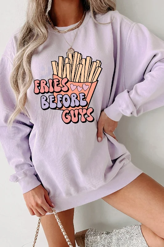 women’s skinny joggers-Retro "Fries Before Guys" Graphic Crewneck (Orchid) - Print On Demand