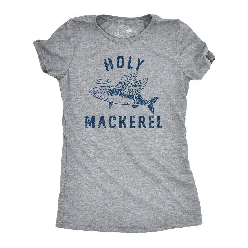 female ruffled midi dresses-Womens Holy Mackerel T Shirt Funny Angel Halo Blessed Fish Saying Joke Tee For Ladies