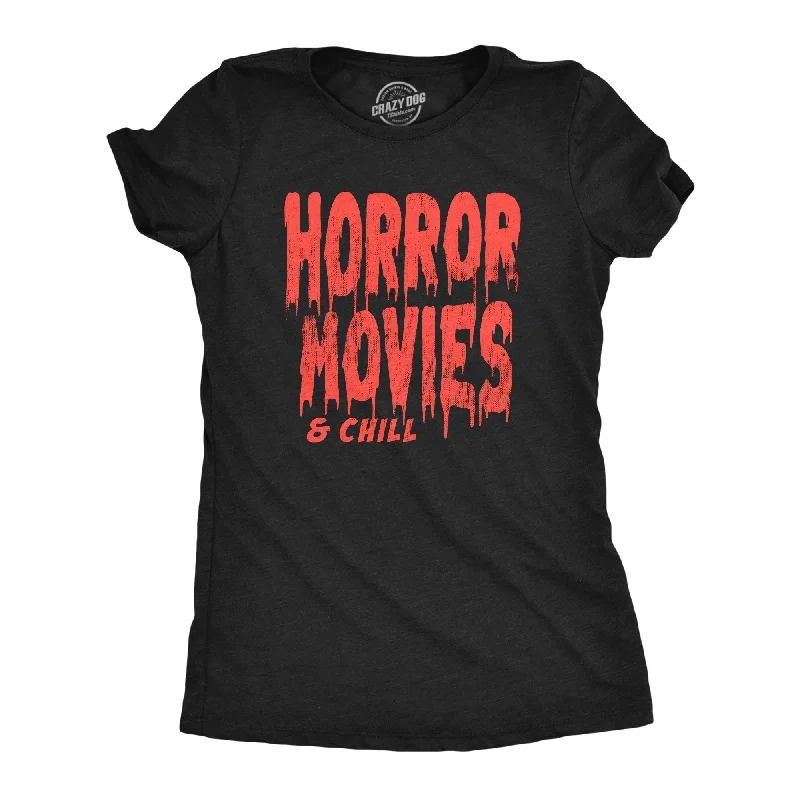 women’s fuzzy sweaters-Womens Horror Movies And Chill T Shirt Funny Halloween Movie Date Night Joke Tee For Ladies