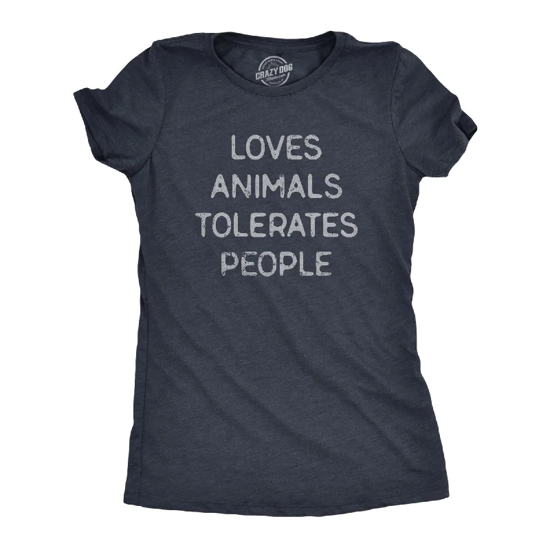 women’s boucle pullovers-Womens Loves Animals Tolerates People T Shirt Funny Introverted Pet Lover Tee For Ladies