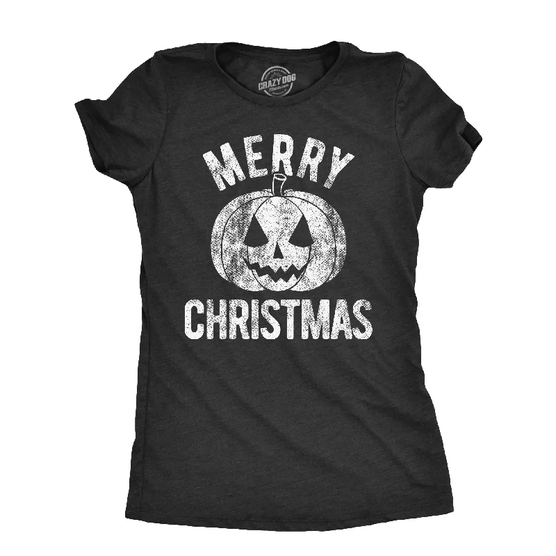 female pleated mini skirts-Womens Merry Christmas T Shirt Funny Halloween Pumpkin Jack O Lantern Joke Tee For Ladies