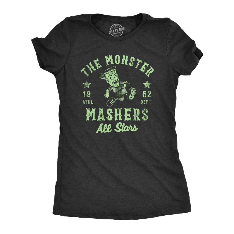 female satin-trim tops-Womens The Monster Mashers All Stars T Shirt Funny Halloween Baseball Team Tee For Ladies