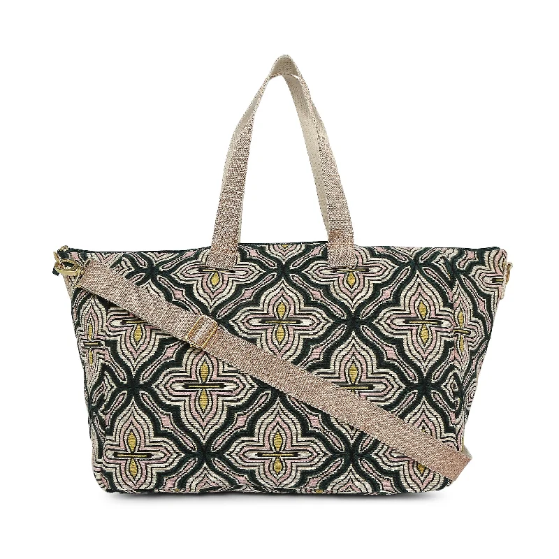 Ladies modern handbags-Accessorize London Women's Fabric Green Tile Print Weekender Bag